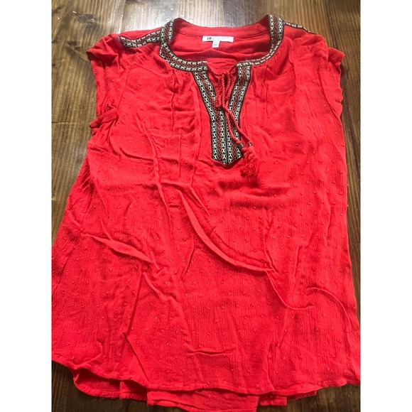 DR2 Tops - DR2‎ Red Clip Dot Blouse Womens Medium Embroidered Split Neck Tassel Cap Sleeve